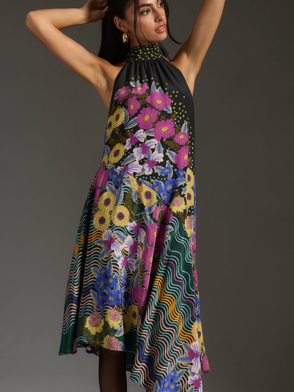 Anthropologie 100% Silk Halter Asymmetrical Floral Print Midi Dress Size S